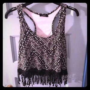 Black and white crop top w/black fringe on bottom
